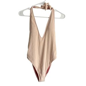 Aerie High Cut Deep V Neck One Piece Swimsuit Blush Pink Sz Small